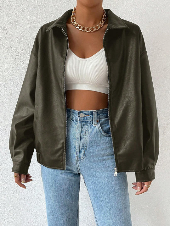 Damen trendige Kunstlederjacke im modernen Schnitt mit lässigem Reißverschluss R&B
