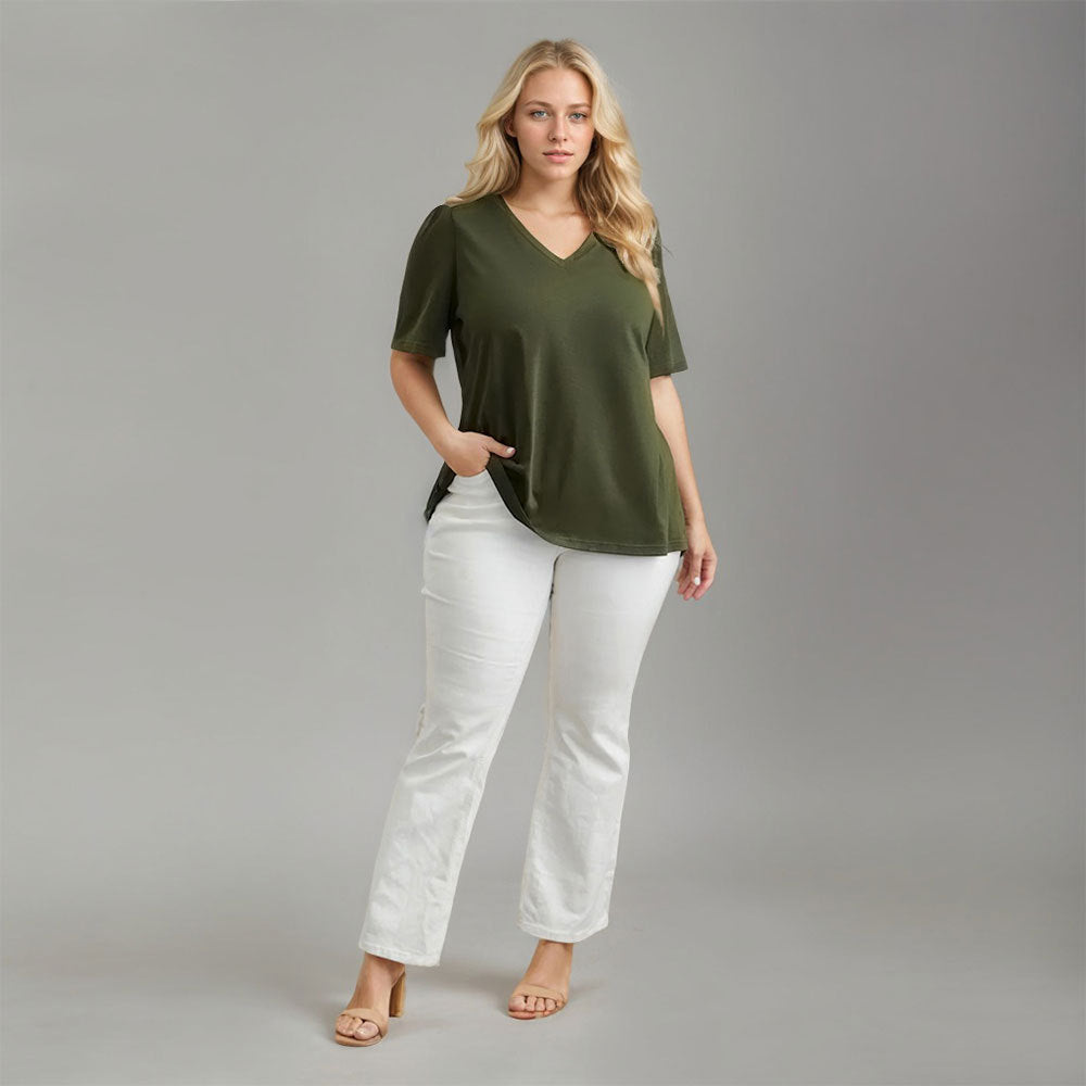 Damen Lässiges V-Ausschnitt T-Shirt mit Seitentaschen und weichem Material R&B
