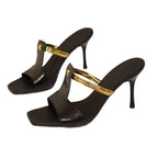 Damen Absatzsandalen mit glitzernden goldenen Akzenten und stilvollem Schlaufen-Design R&B