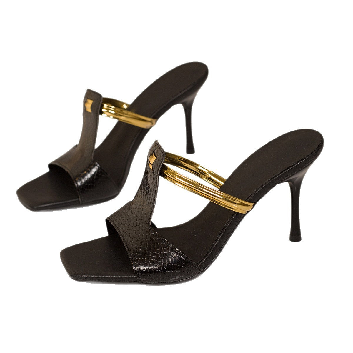 Damen Absatzsandalen mit glitzernden goldenen Akzenten und stilvollem Schlaufen-Design R&B