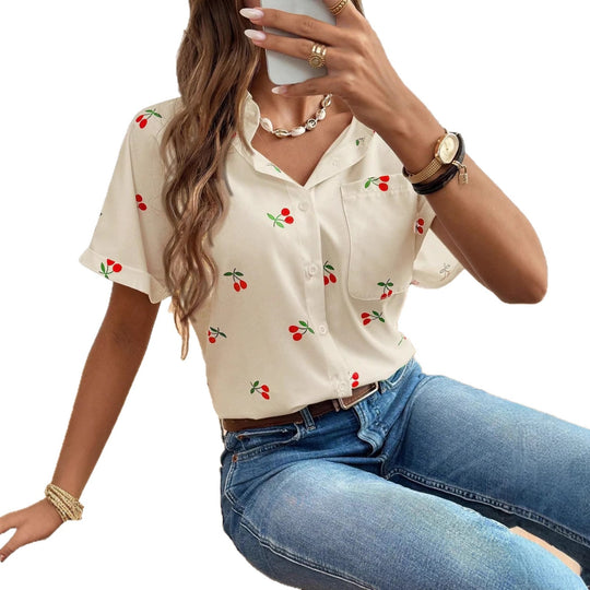 Damen Bluse mit frischem Kirschmuster und lässigem Schnitt R&B