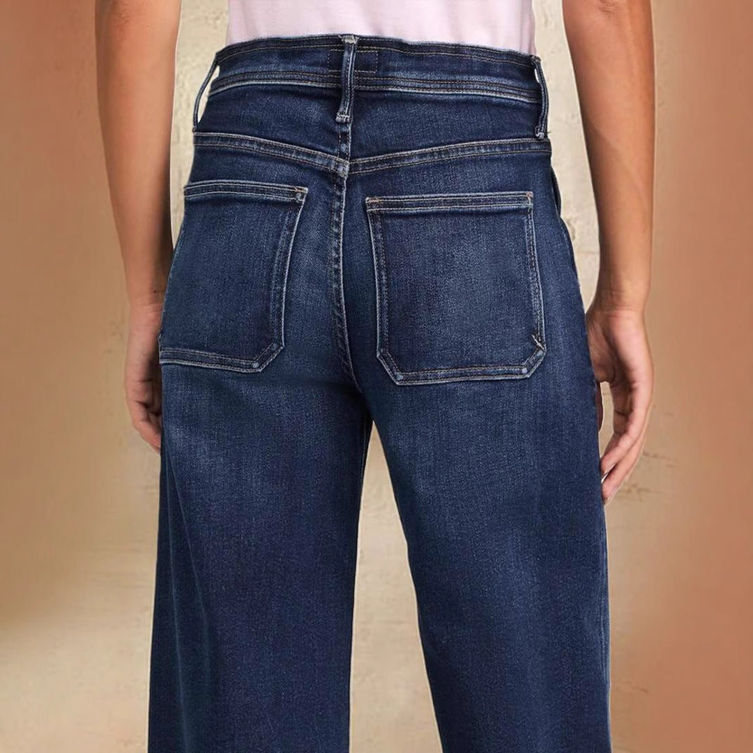 Damen Weite Denim-Hose mit hohem Bund und regulierbarem Kordelzug R&B