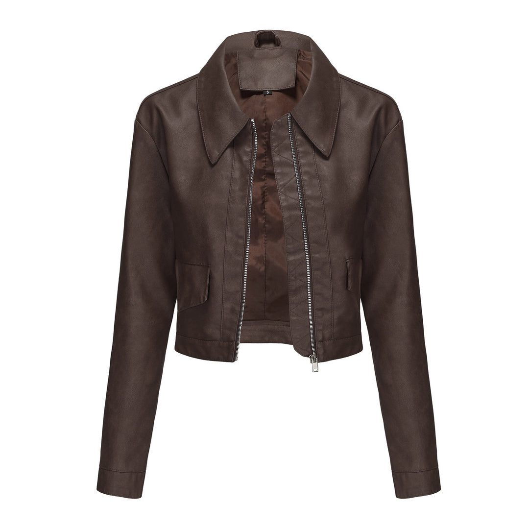 Damen modische cropped Kunstlederjacke mit klassischem Wellenkragen R&B