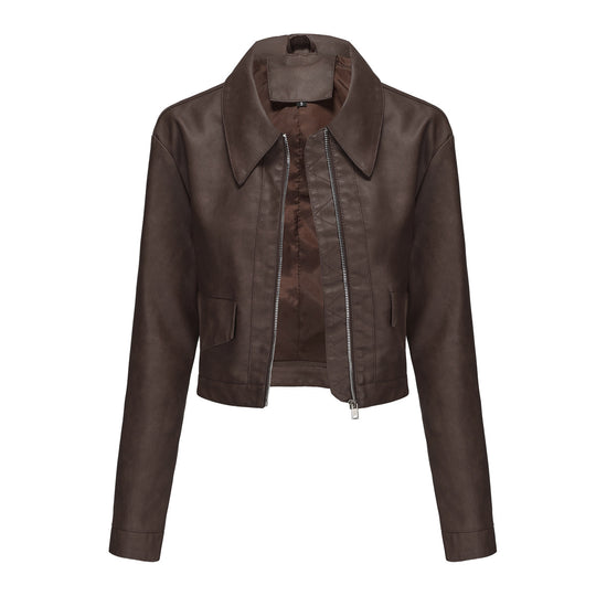 Damen modische cropped Kunstlederjacke mit klassischem Wellenkragen R&B