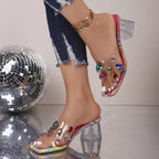 Damen Blockabsatz Sandalen mit funkelnden Strasssteinen und transparentem Obermaterial