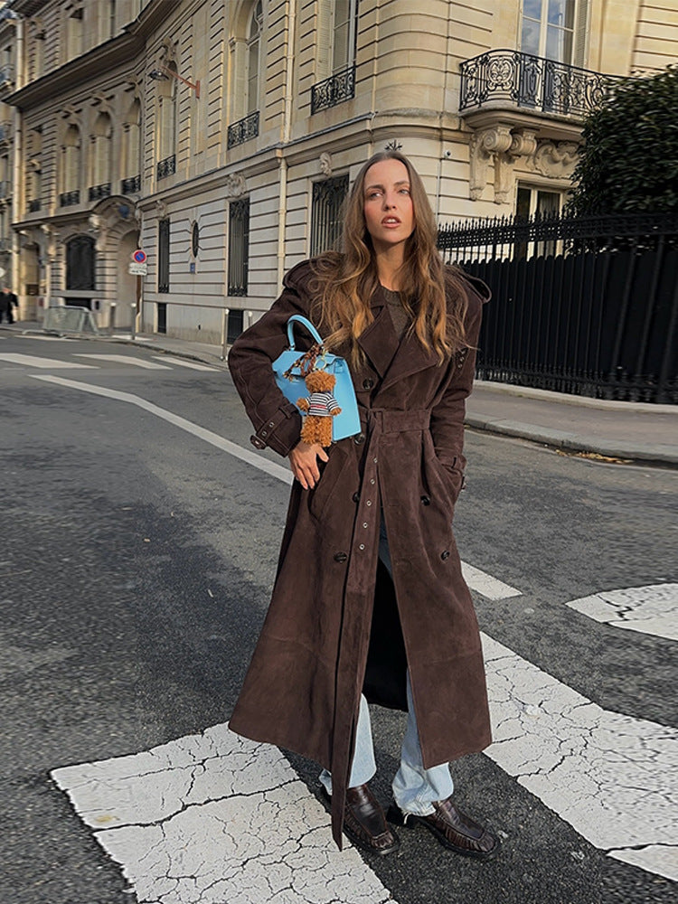 Damen Langer Trenchcoat aus weichem Wildlederimitat mit modischen Details R&B