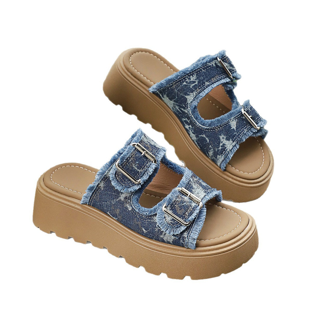 Damen Plateau-Pantoletten mit verstellbaren Riemen und trendiger Denim-Optik R&B