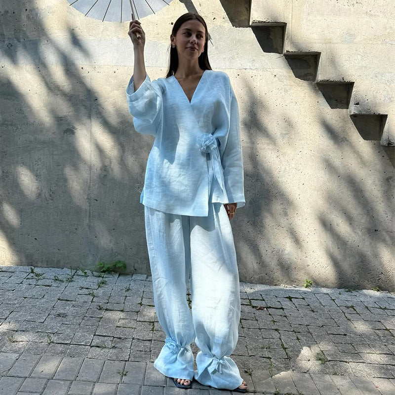 Damen eleganter Leinenanzug mit raffinierten Rüschen R&B