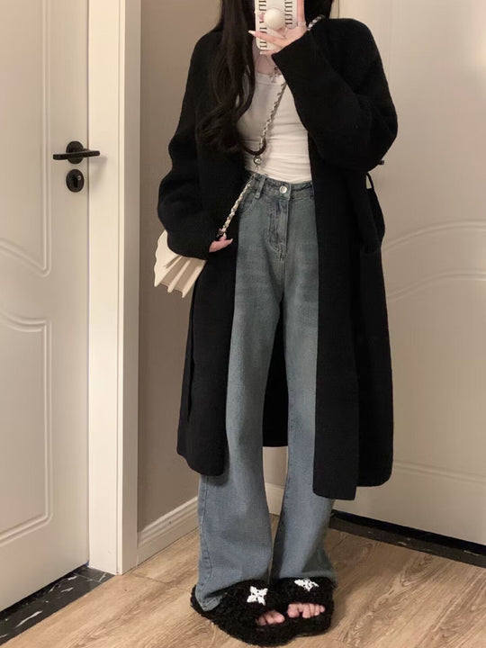 Damen langärmliger Strickcardigan aus weichem Material mit offenen Kanten R&B