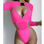 Damen Einteiler Badeanzug mit modischem Cut-Out und langen Ärmeln R&B