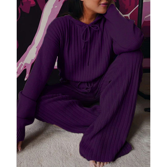 Damen Loungewear-Set mit tiefem V-Ausschnitt und breiten Hosenbeinen R&B