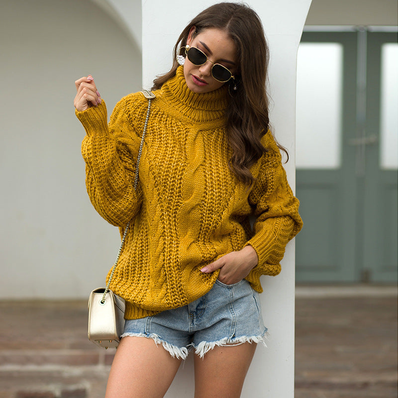 Damen Grobstrickpullover mit hohem Kragen und Zopfmuster R&B