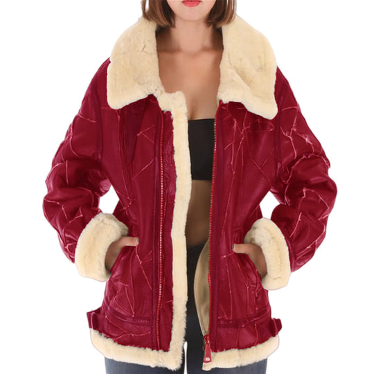 Damen lässige Kunstlederjacke mit warmem Fellkragen R&B