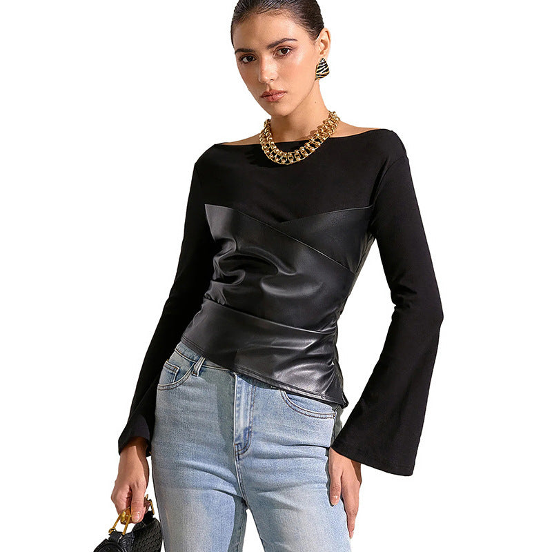 Damen Oberteil mit ausgefallenem Wickeldesign und eleganten Trompetenärmeln R&B