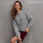 Damen lockerer Strickpullover mit herzförmigen Knöpfen und weitem Schnitt R&B