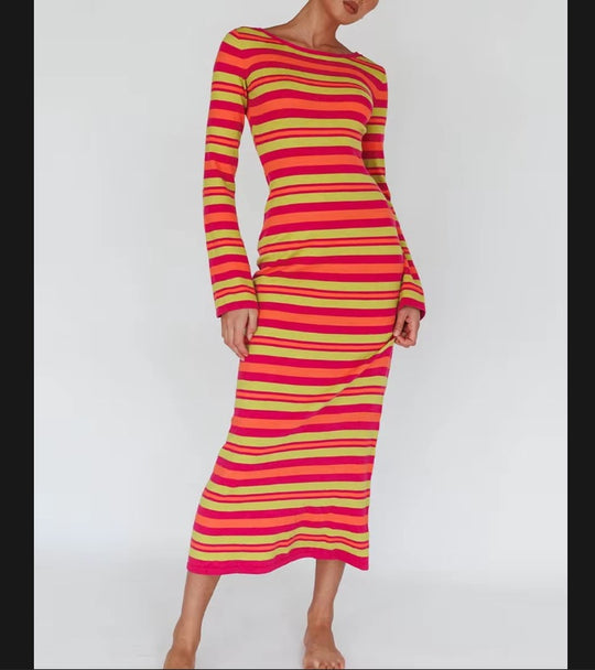 Damen Langarm-Kleid im modischen Streifenlook R&B