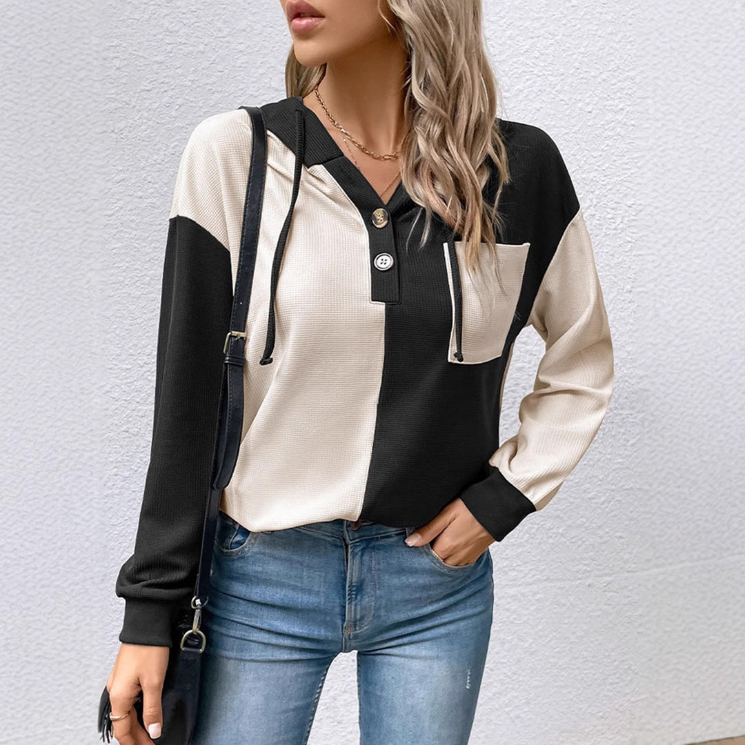 Damen nan Waffelstrick-Hoodie mit Henley-Knöpfen, Brusttasche und Kapuze R&B