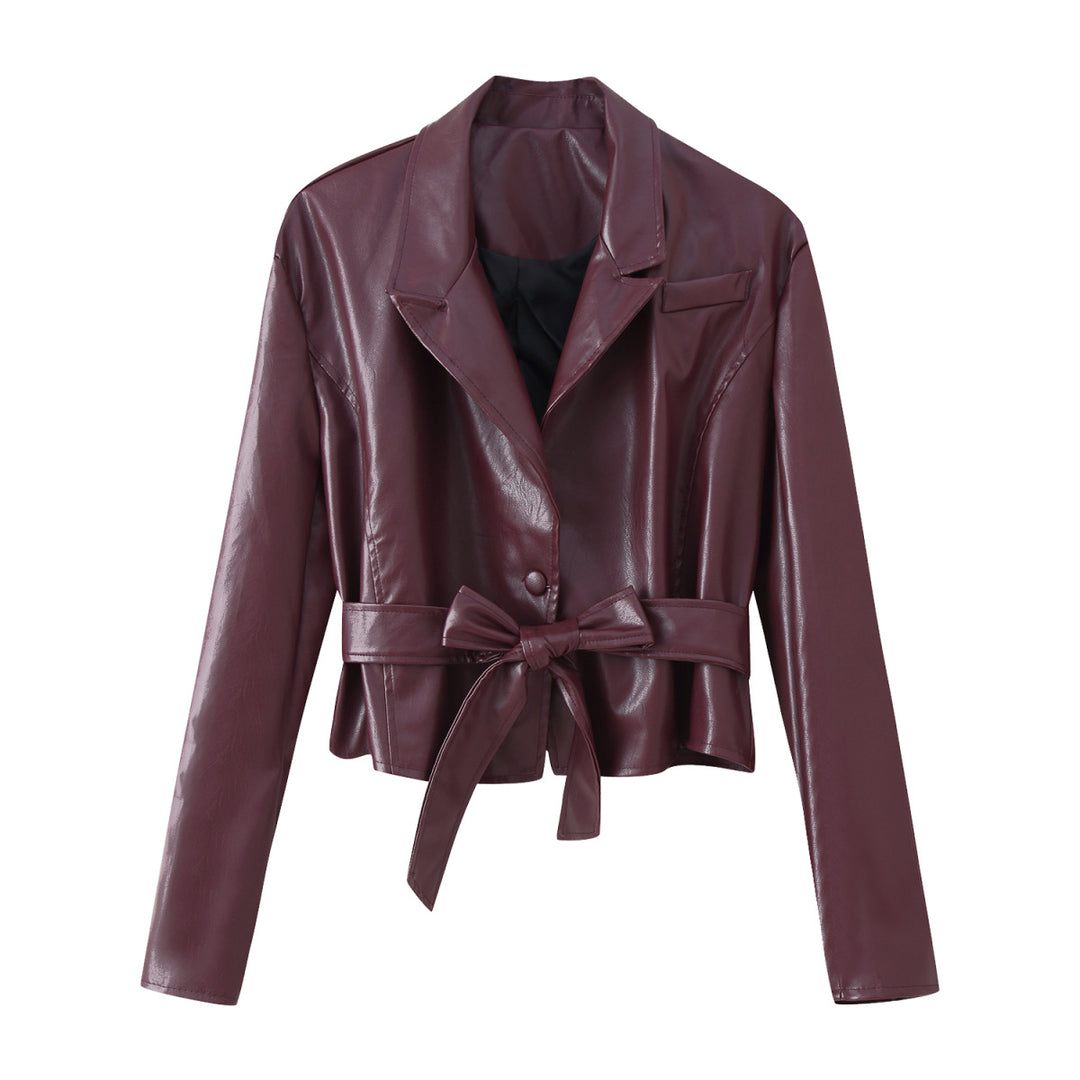 Damen elegante Kunstlederjacke mit tailliertem Schnitt und Bindegürtel R&B