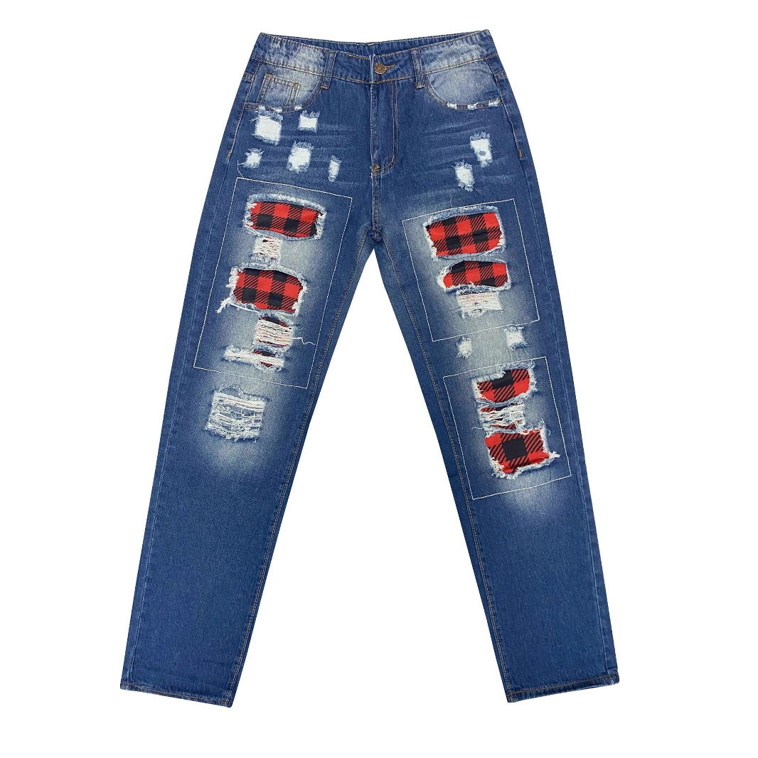 Damen Jeans mit stylischen Rissen und Karomuster R&B