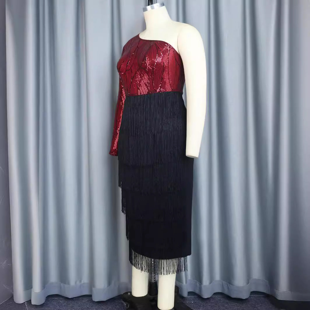 Damen Elegantes Cocktailkleid mit funkelnden Pailletten und Fransen R&B