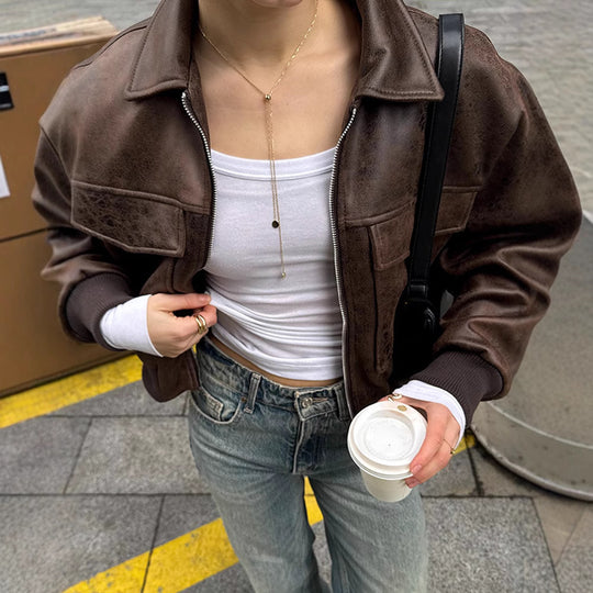 Damen cropped Kunstlederjacke mit Taschen R&B