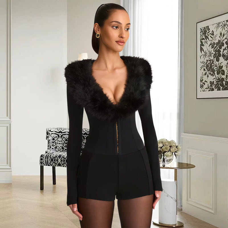 Damen Jumpsuit mit königlichem Fellkragen und figurbetontem Schnitt R&B
