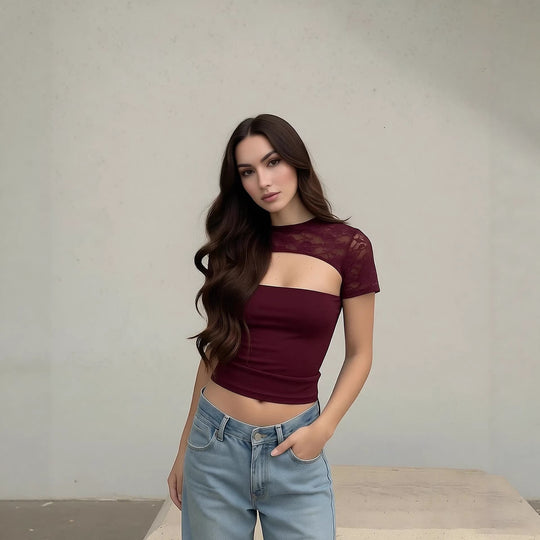 Damen Cropped Top mit Spitzenmuster und figurbetontem Schnitt R&B