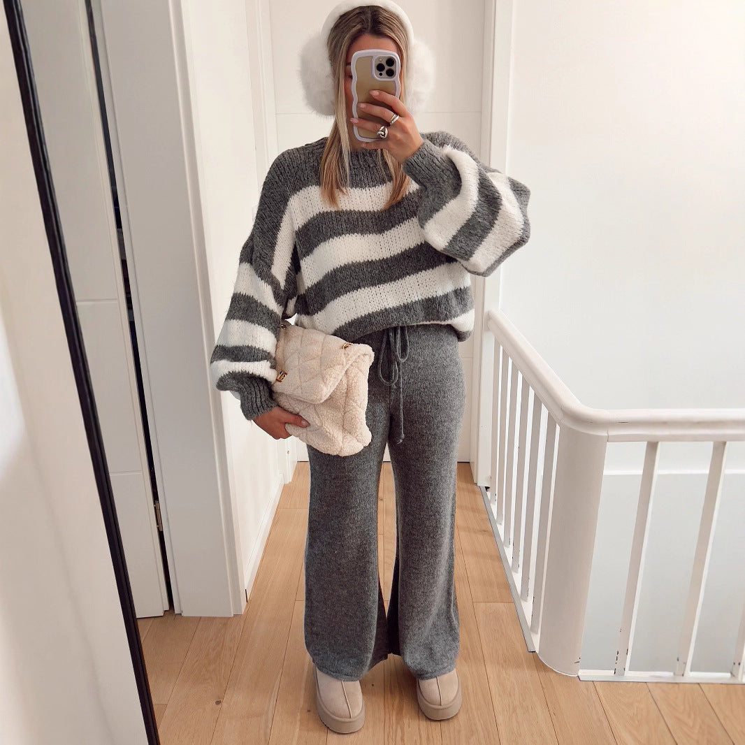 Damen modischer Cropped Pullover mit einzigartigem Streifenmuster und weit geschnittenen Ärmeln R&B