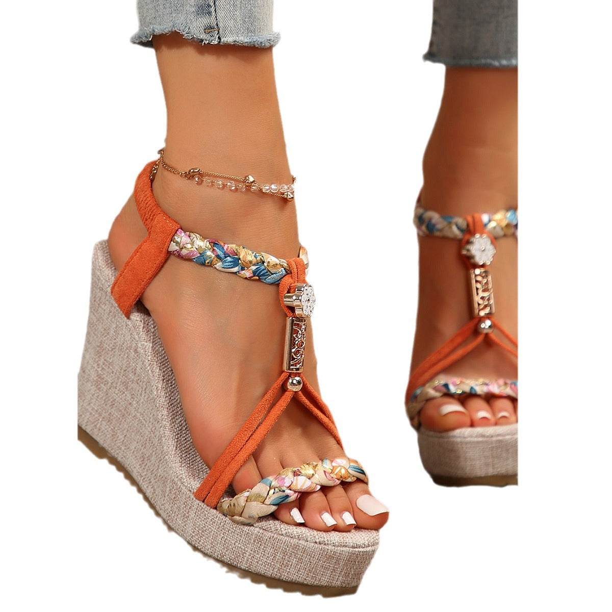 Damen Wedge-Sandalen mit geflochtenem Riemen und elegantem Schmuckdetail R&B