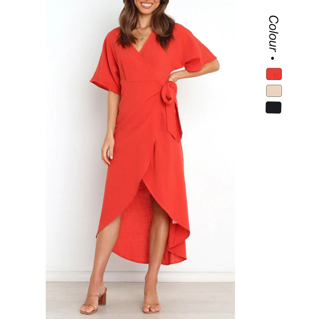 Damen Wickelkleid mit elegantem V-Ausschnitt und modischem Taillengürtel R&B