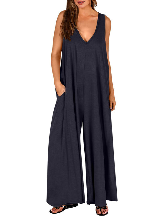 Damen Lockerer Jumpsuit mit tiefem V-Ausschnitt und seitlichen Taschen R&B