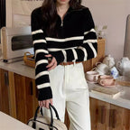 Damen Modischer Strickpullover mit Zip und gestreiftem Design