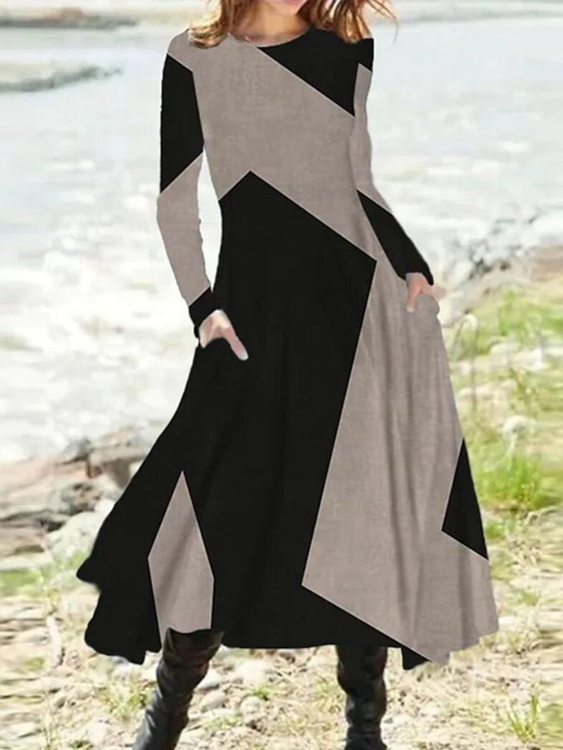Damen nan geometrisches Maxikleid mit langen Ärmeln, A-Linien-Schnitt und seitlichen Eingrifftaschen R&B