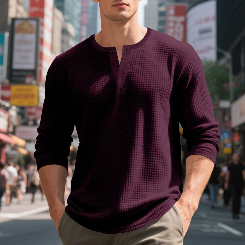 Herren nan thermoregulierendes Waffel-Thermalshirt mit Kurzknopfleiste und gerundetem Saum R&B