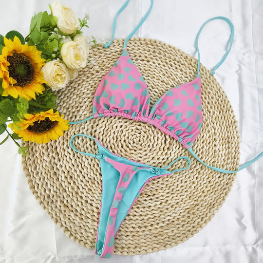 Damen Triangel-Bikini-Set mit fröhlichem Kirschmuster und verstellbaren Trägern R&B