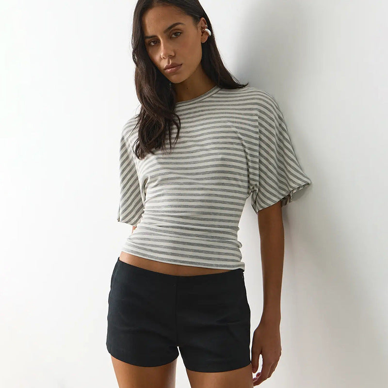 Damen modernes Kurzarm-Top mit lässigem Streifenmuster und elegantem Schnitt R&B