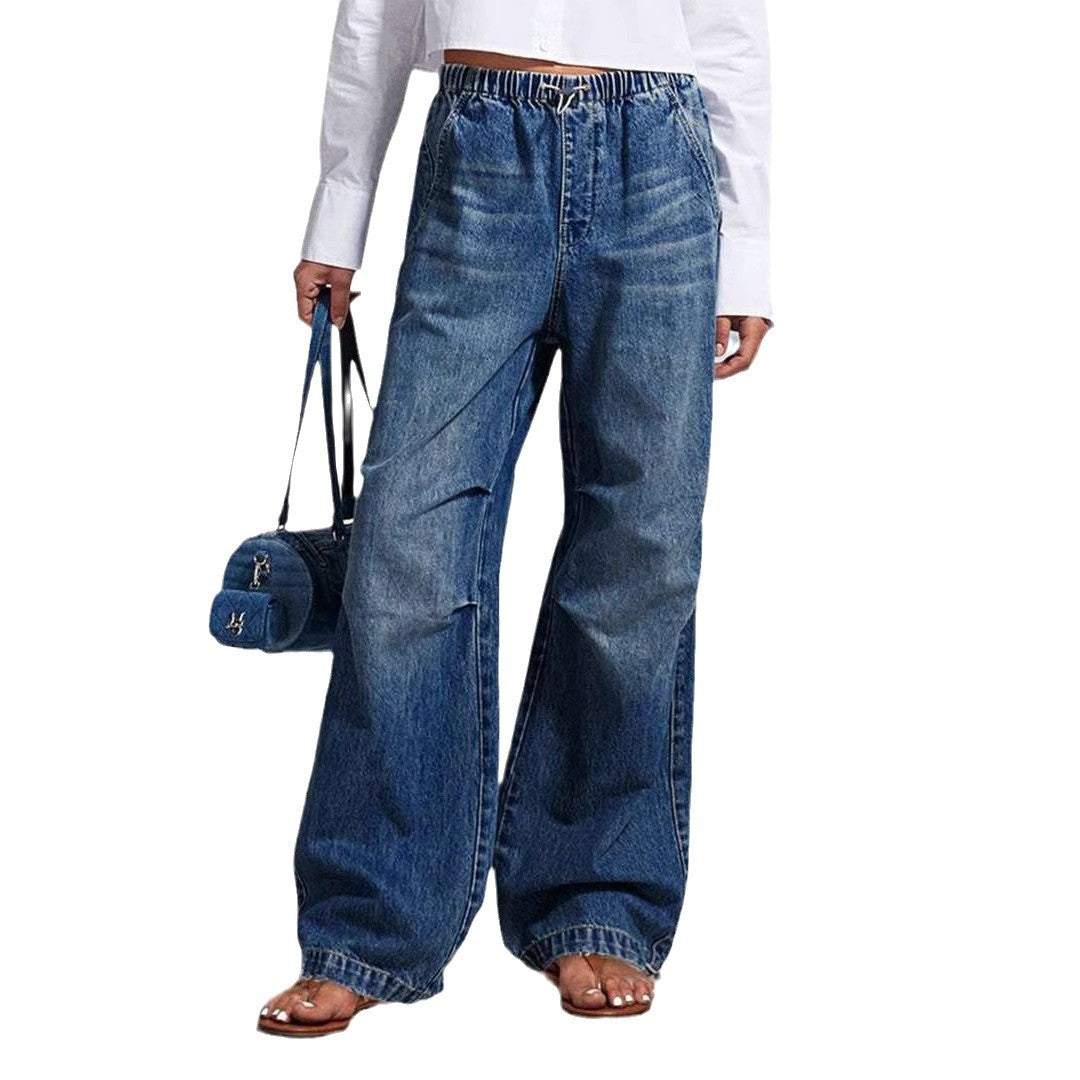 Damen weite Denim-Hose mit elastischem Bund und lässigem Design R&B
