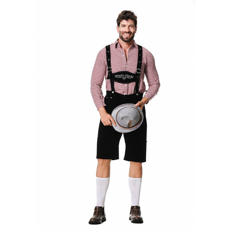 Herren nan authentische Trachten-KniR&Bundhose aus wildlederähnlichem Material mit verstellbaren Trägern und besticktem Brustlatz R&B