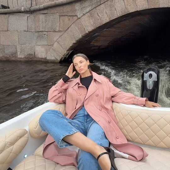 Damen Eleganter Trenchcoat mit hohem Kragen und seitlichen Schlitzen R&B