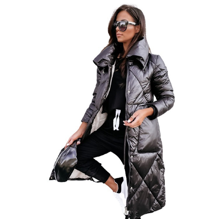 Lange Steppjacke Damen mit hohem Kragen