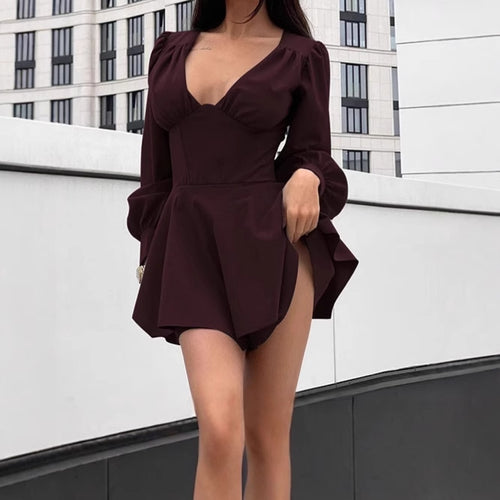 Damen Elegantes Minikleid mit Rüschendetails und tiefem V-Ausschnitt R&B
