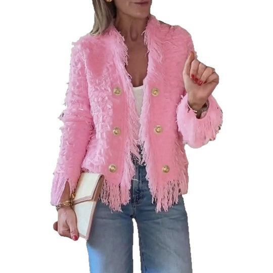 Damen nan fransenbesetzte Kurzjacke mit strukturierter Oberfläche und Zierknopfreihe R&B