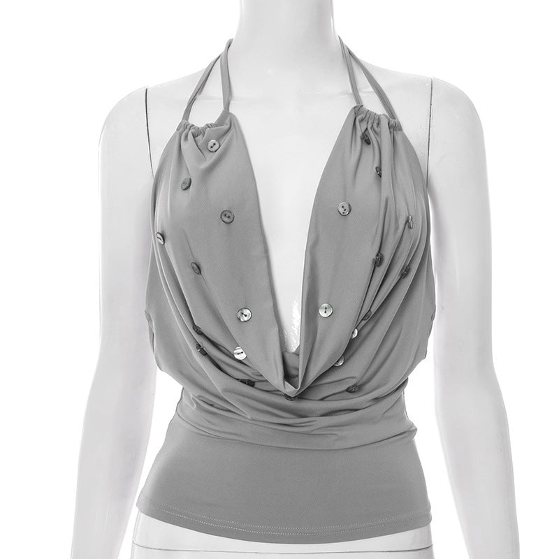 Damen elegantes Trägershirt mit tiefem V-Ausschnitt und Knopfdetails R&B