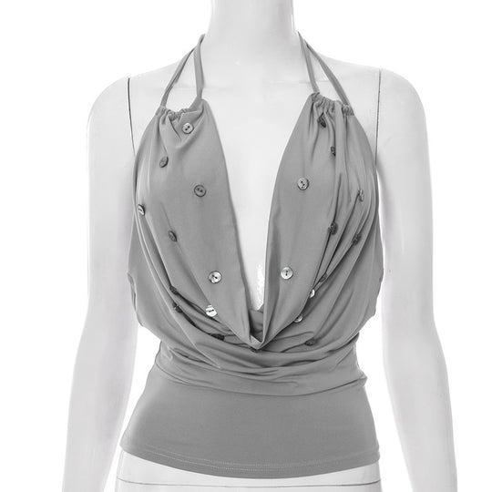 Damen elegantes Trägershirt mit tiefem V-Ausschnitt und Knopfdetails R&B