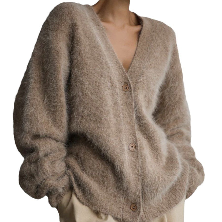 Damen Flauschiger Cardigan mit V-Ausschnitt R&B