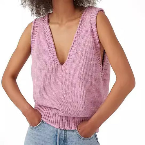 Damen lässiger Strickpullover ohne Ärmel mit tiefem V-Ausschnitt R&B
