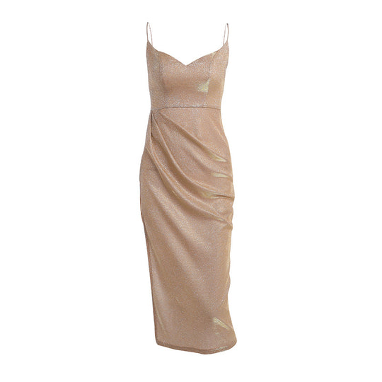 Damen elegantes Metallic-Effekt-Midikleid mit Spaghettiträgern R&B