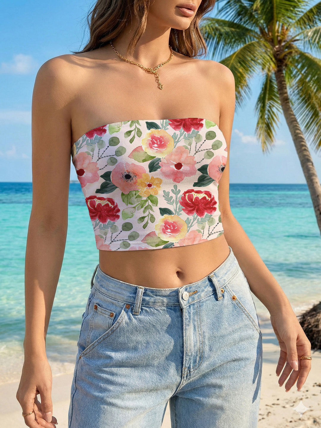 Damen Bandeau-Top mit tropischem Muster R&B