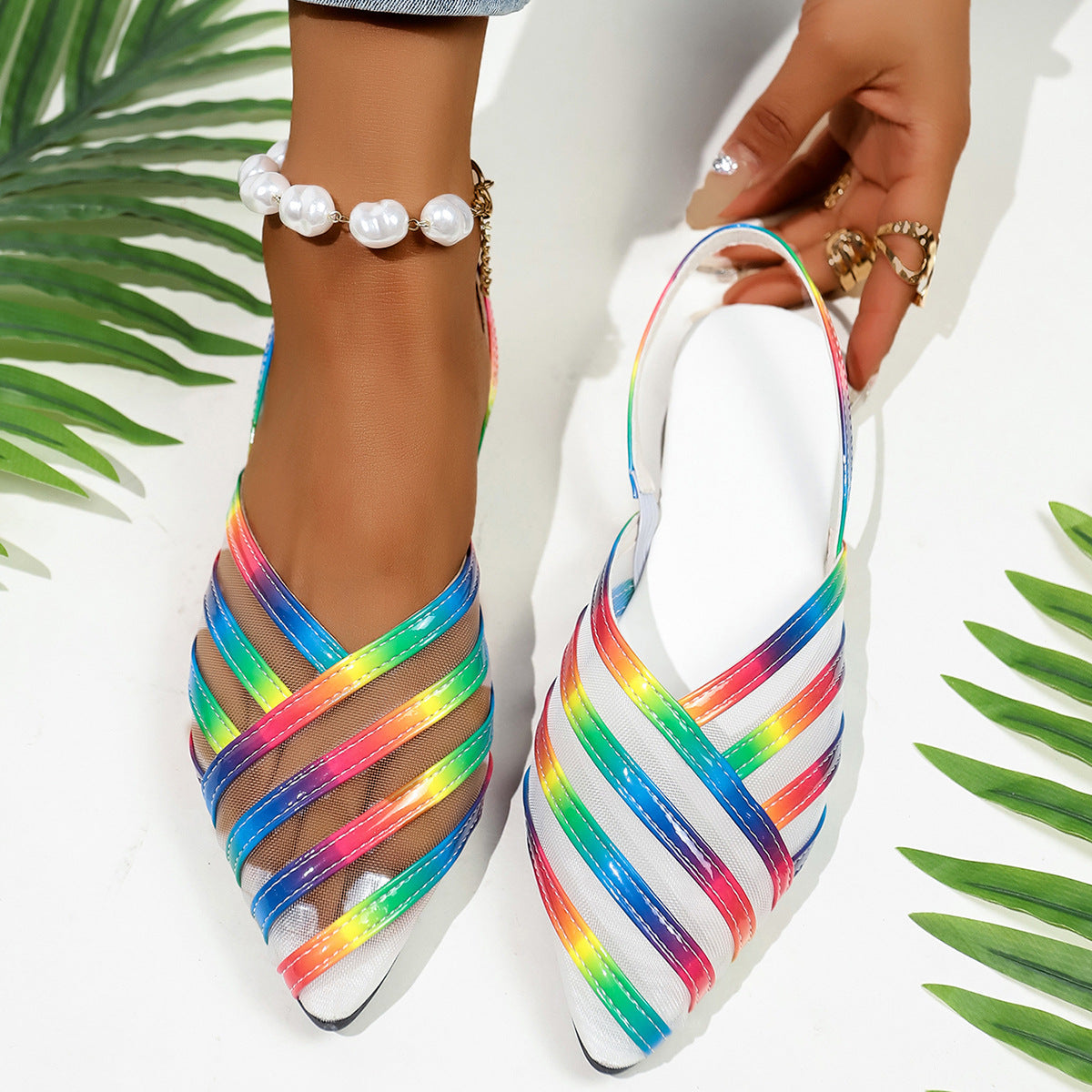 Damen Transparente Slingback Ballerinas mit buntem Streifen-Design R&B