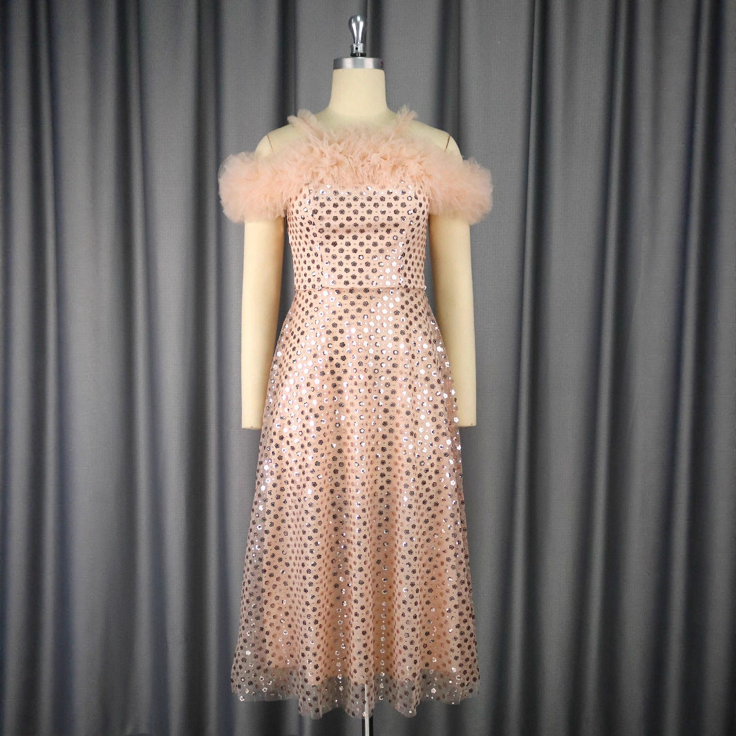 Damen Festliches Abendkleid mit voluminösen Rüschendetails und zartem Glitzer R&B